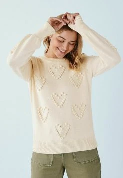 Next Damen POM POM HEART CREW NECK - Strickpullover - Off White