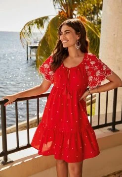 Next Damen SHORT SLEEVE BRODERIE MINI KAFTAN - Freizeitkleid - Red