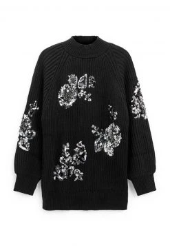 Next Damen WITH SEQUIN FLOWERS - Strickpullover - Black
