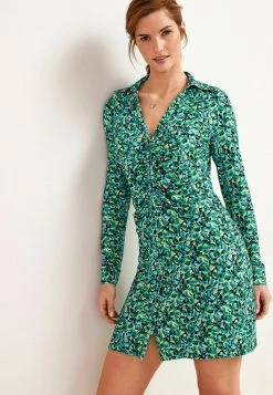 Next Damen LONG SLEEVE RUCHED - Blusenkleid - Green Floral Print