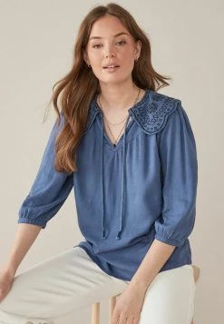 Next Damen BLEND EMBROIDERED COLLAR - Bluse - Blue