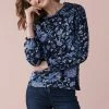 Next Damen LONG SLEEVE SHIRRED - Langarmshirt - Navy Blue Floral