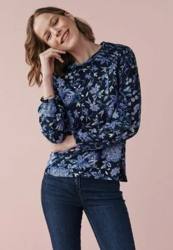 Next Damen LONG SLEEVE SHIRRED - Langarmshirt - Navy Blue Floral
